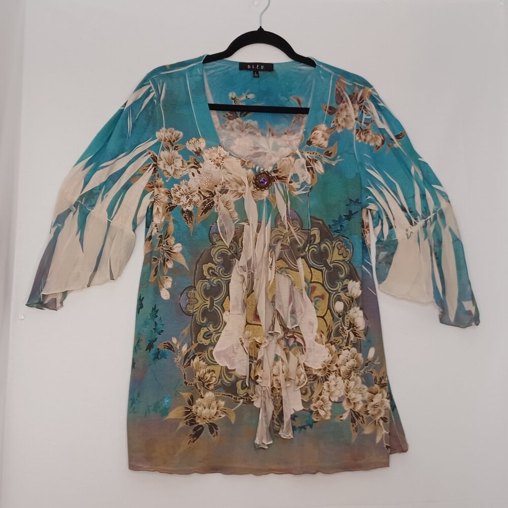 Women's B.L.E.U.‎ Boho Hippie Colorful Blouse Made in USA Size Large